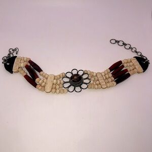 Vtg Carved Bone Petrified Wood & Leather Accent Choker Necklace 12” - 14”